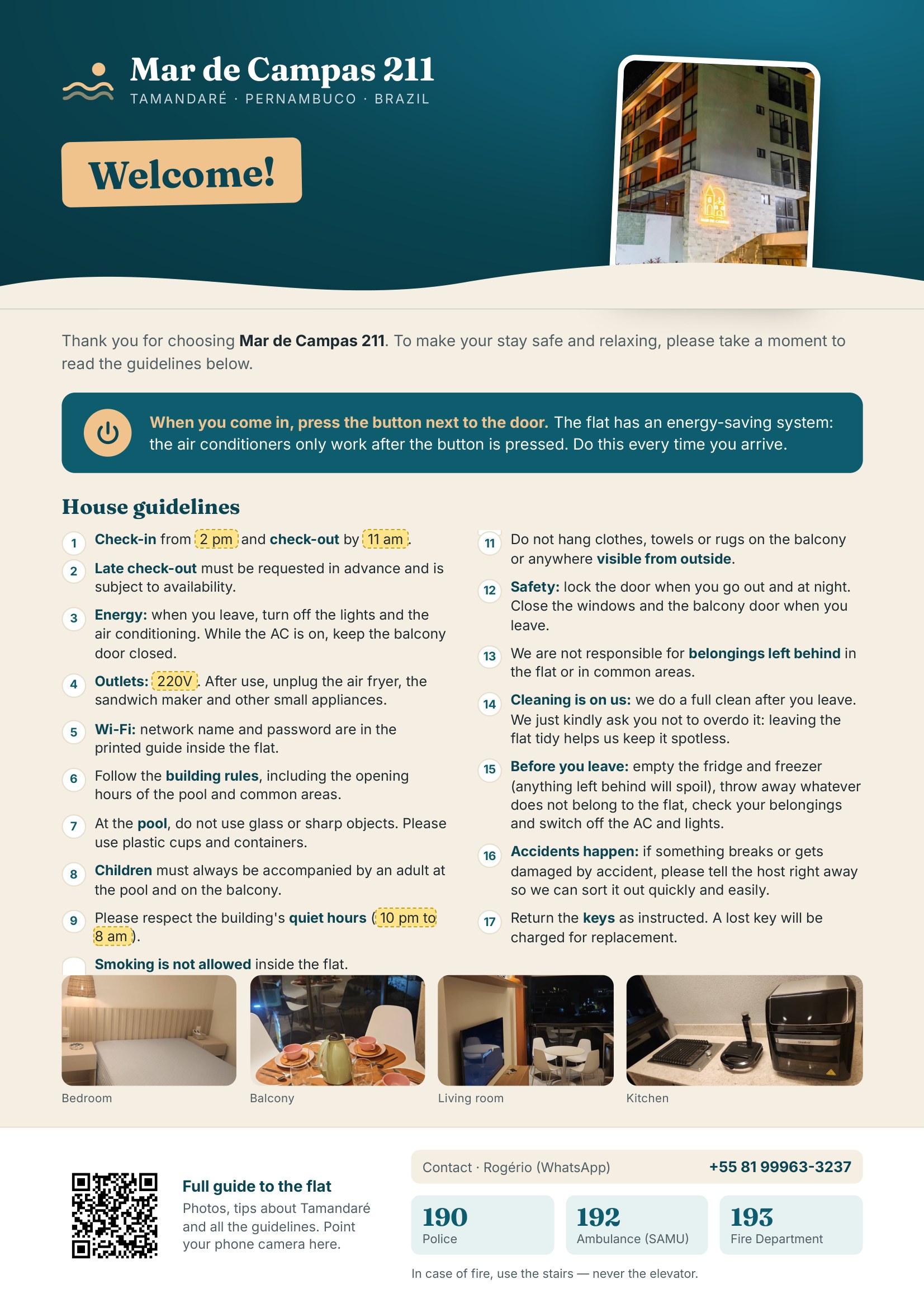 Guest guide in English: check-in and check-out, energy-saving system, Wi-Fi, building rules, safety and emergency numbers.