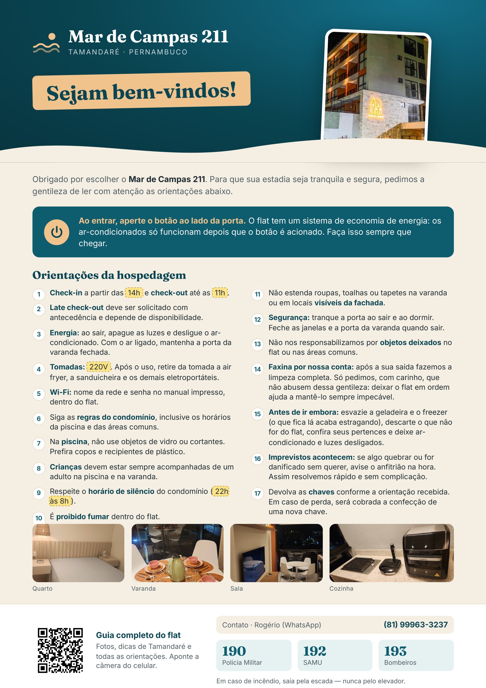 Manual do hóspede em português: check-in e check-out, sistema de economia de energia, Wi-Fi, regras do condomínio, segurança e contatos de emergência.